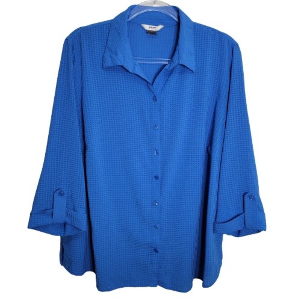 Alia Women 18W Royal Blue Textured Grid Button Down Shirt 3/4 Roll‎ Tab Sleeve